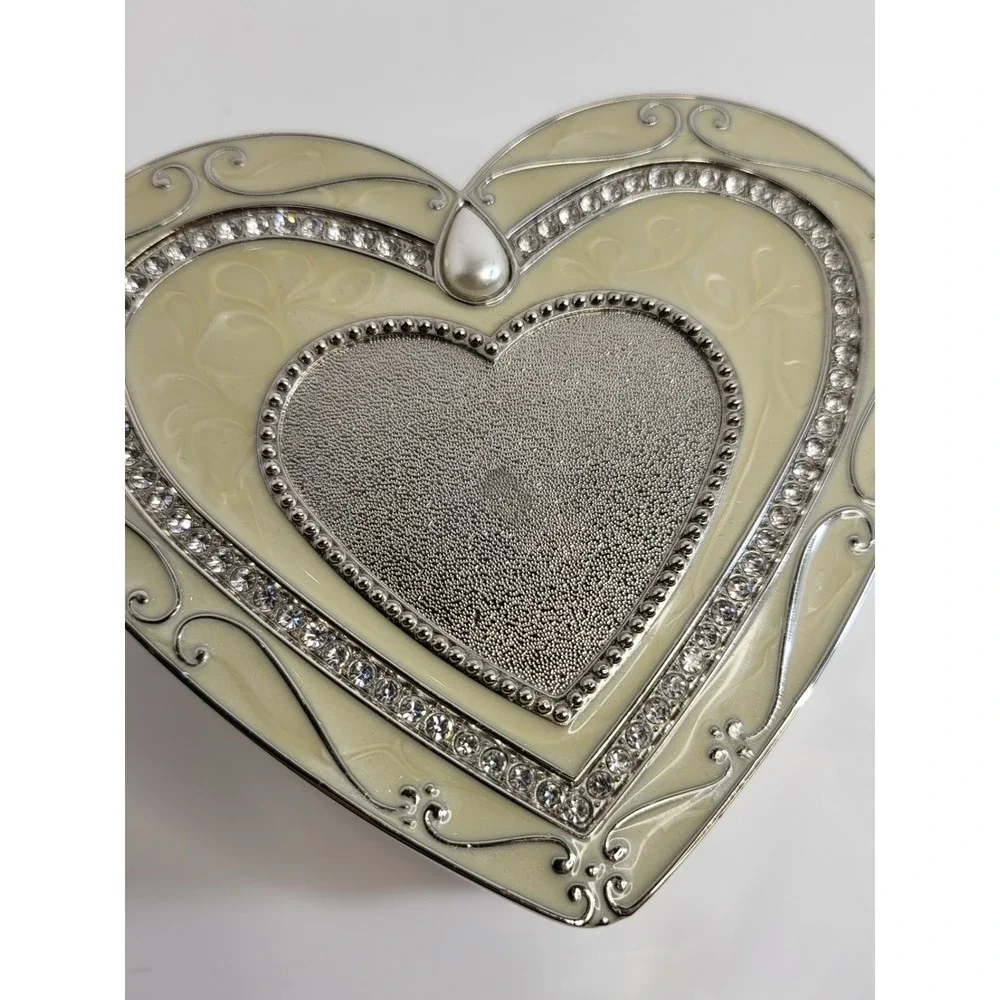 Things Remembered Heart Jewelry Box Silver Tone Rhinestone Enamel Photo Lid